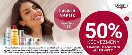 2023. március 01. - március 26. között minden második, kedvezőbb árú Eucerin termék 50%-os kedvezménnyel vásárolható meg!