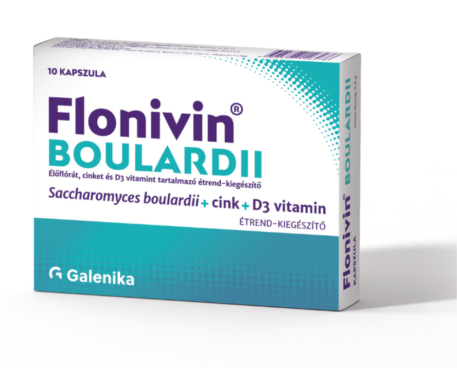 Flonivin Boulardii élőflórát, cinket és D3 vitamint tartalmazó kapszula